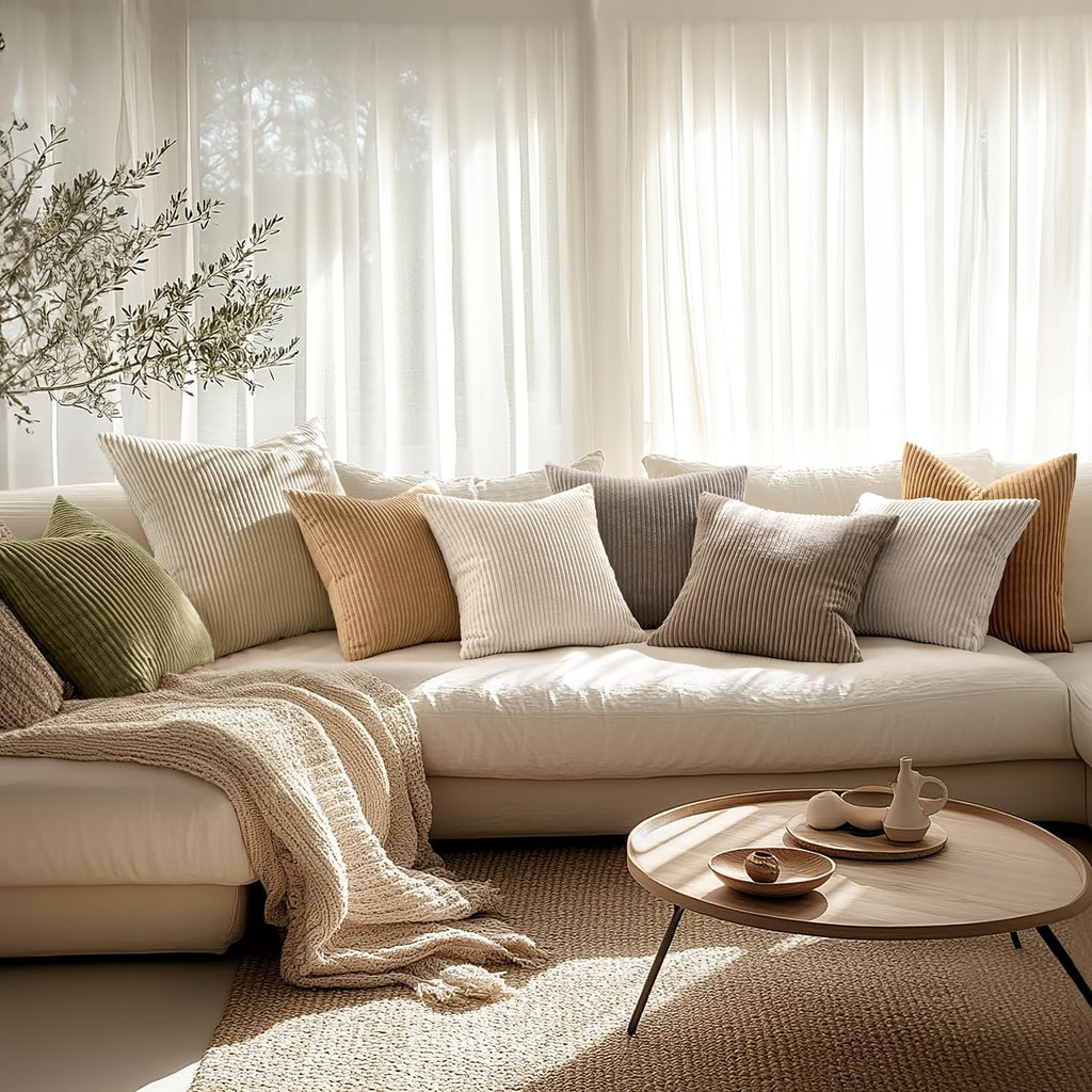 Miulee Decorative Corduroy Throw Pillow Covers Set Of 2 18X18 Cream White | Soft Solid Striped Textured Cushion Cases For Couch Chair Sofa Bed Living Room Boho Square Pillowcases For Home Decor