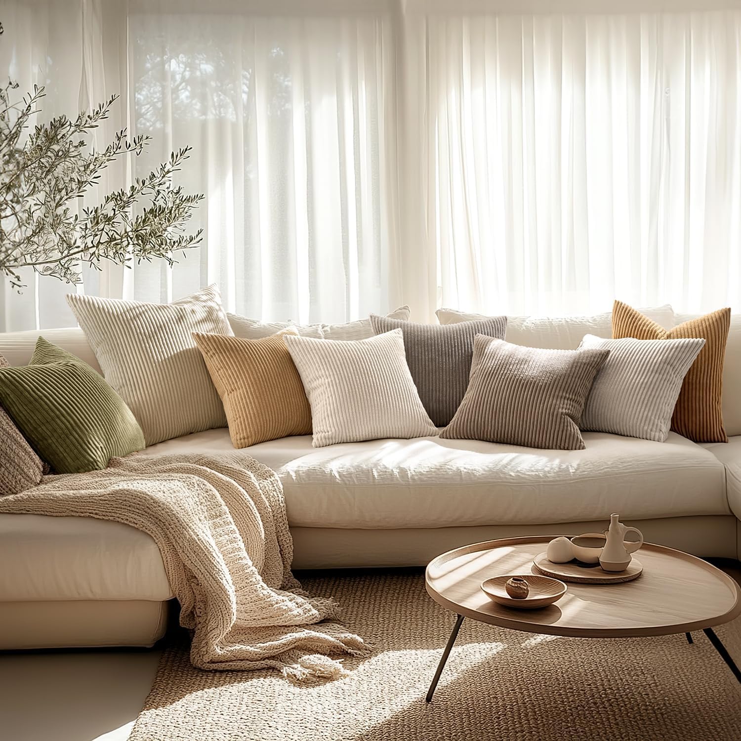 Miulee Decorative Corduroy Throw Pillow Covers Set Of 2 18X18 Cream White | Soft Solid Striped Textured Cushion Cases For Couch Chair Sofa Bed Living Room Boho Square Pillowcases For Home Decor