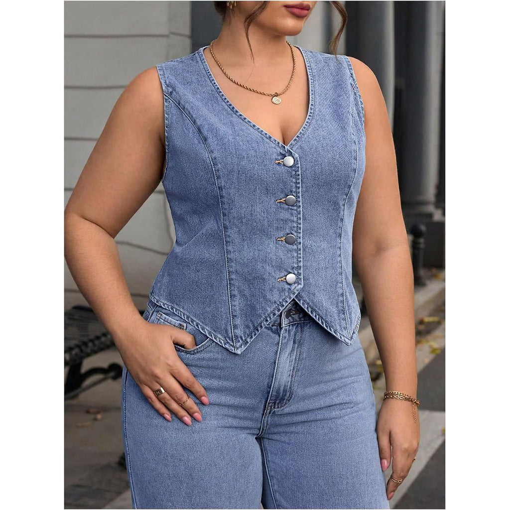 Floerns Women'S Plus Size Sleeveless Vest Denim Jacket Button Front V Neck Waistcoat