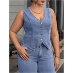 Floerns Women'S Plus Size Sleeveless Vest Denim Jacket Button Front V Neck Waistcoat