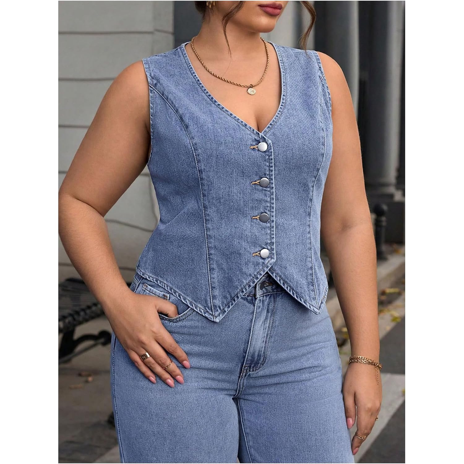 Floerns Women'S Plus Size Sleeveless Vest Denim Jacket Button Front V Neck Waistcoat