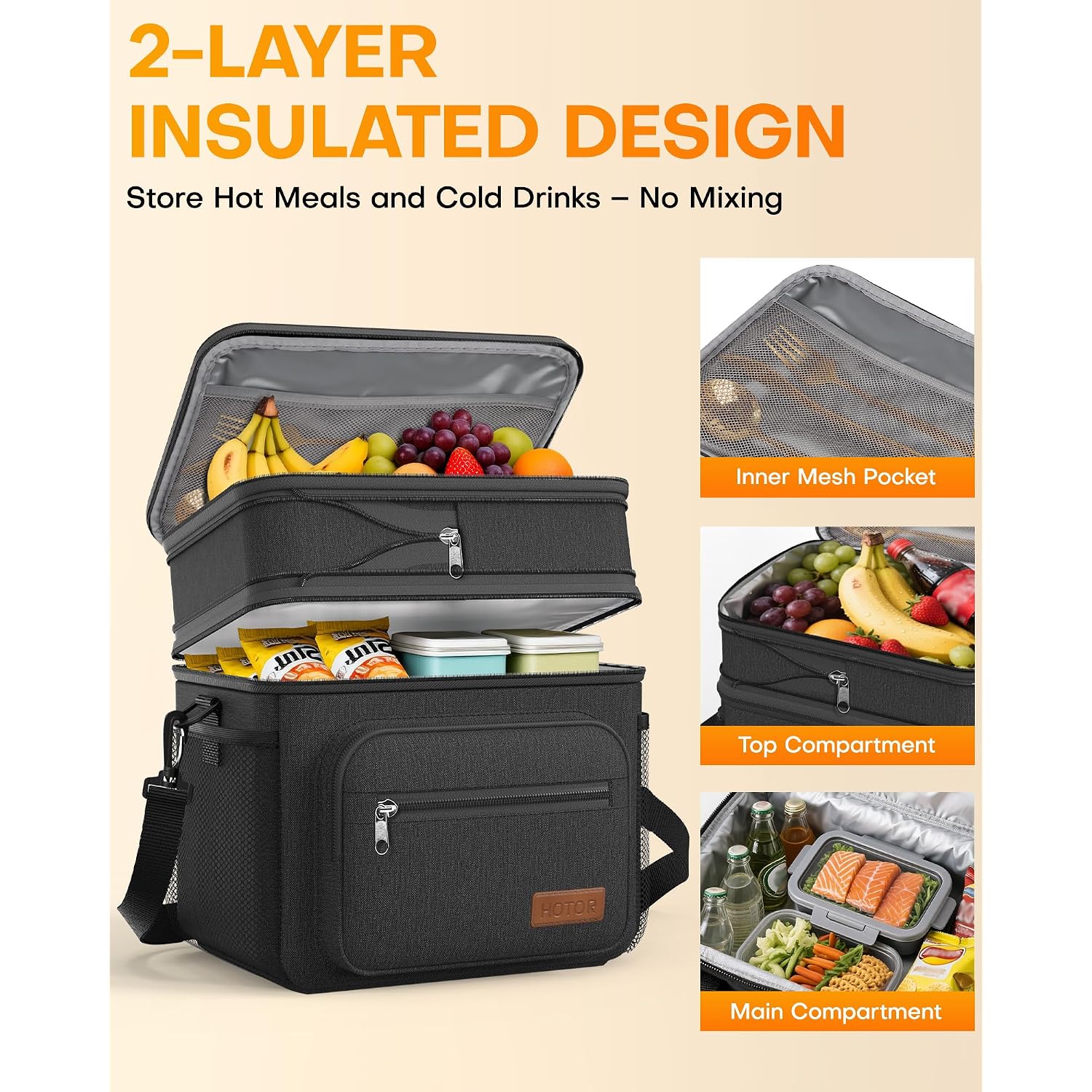 Hotor Lunch Box For Men & Women - Double-Layer Insulated Lunch Bag With Leakproof Liner, Portable Cooler For Work, Travel, Or Picnic, Black, 12L, 11.1" X 9.7" X 6.7"