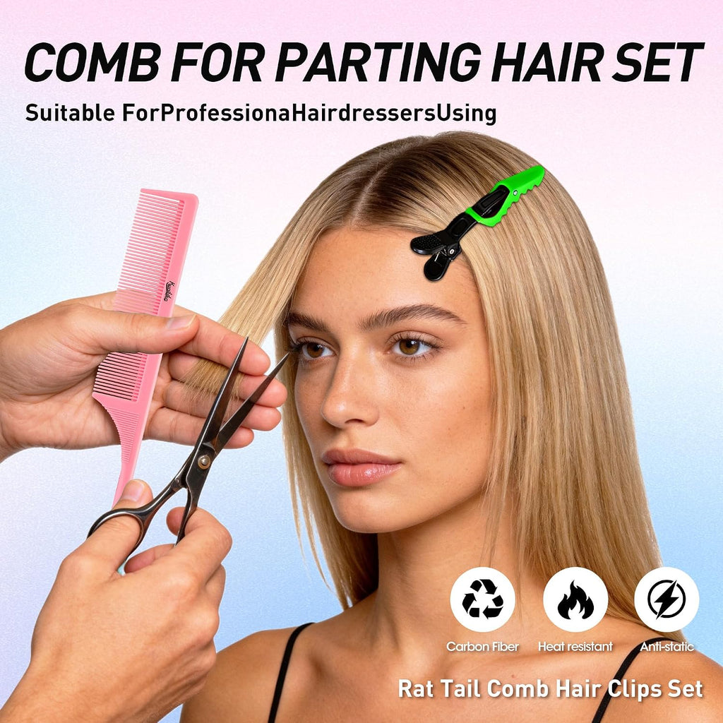 10Pcs Rat Tail Comb Hair Clips Set:3 Anti-Static, Heat-Resistant Carbon Fiber Parting Comb And 7 Sectioning Hair Clips Suitable For Precision Sectioning, Coloring, Braiding, And Daily Styling