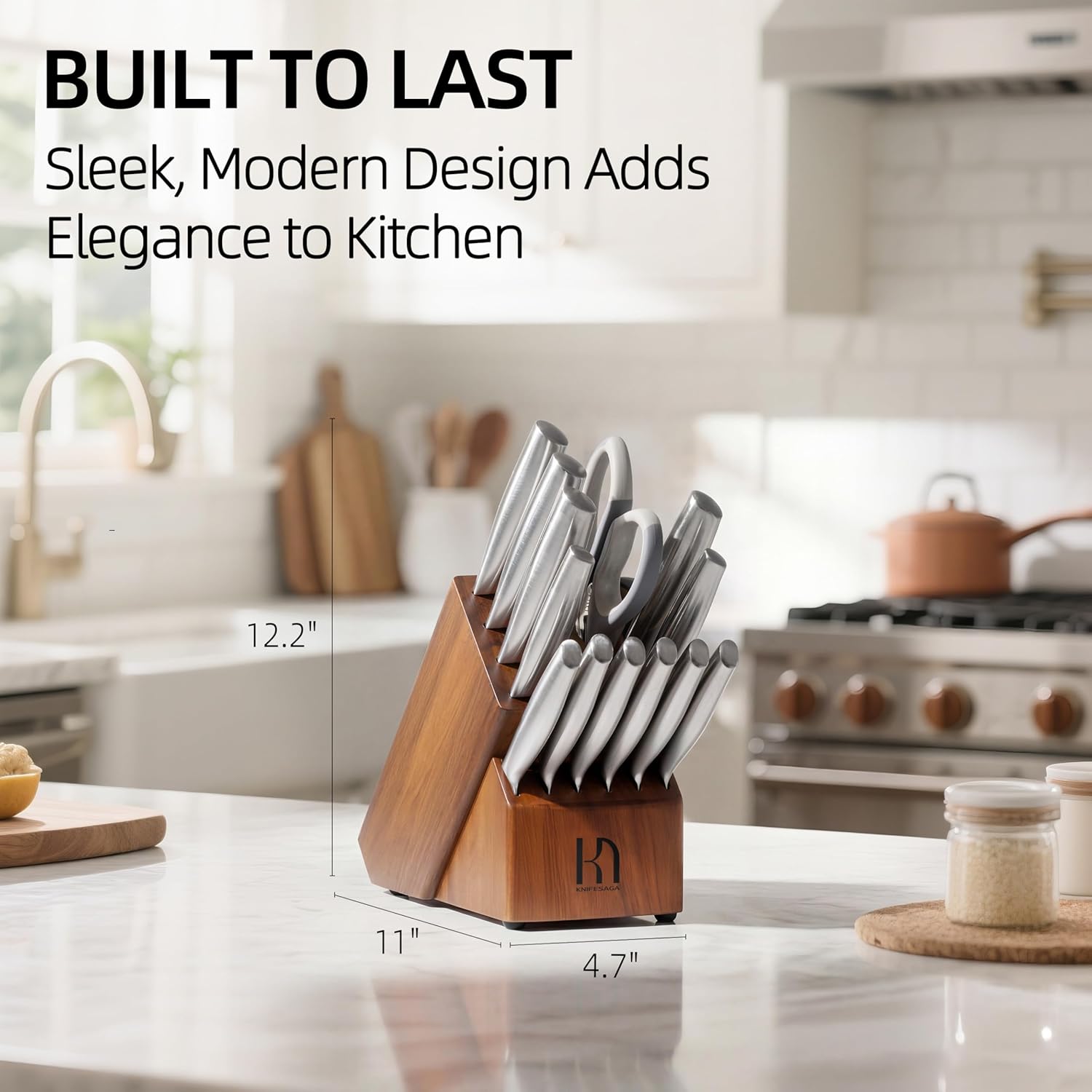 KnifeSaga Kitchen Knife Set 14 Piece Premium Japanese High Carbon Stainless Steel Knife Block Sets with Built-in Sharpener, Razor Sharp Knives Set for Kitchen, Quality Acacia Wood Block Knife Set