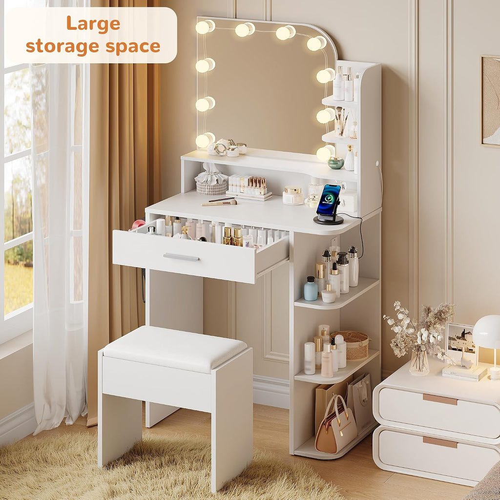 Makeup Vanity With Chair, Small Vanity Desk With Mirror And Lights 3 Colors, Girls Vanity Set With Power Outlet, Compact Vanity Table For Small Space, White
