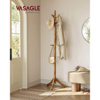 VASAGLE Solid Wood Coat Rack and Stand, Free Standing Hall Coat Tree with 10 Hooks for Hats, Bags, Purses, for Entryway, Hallway, Rubberwood, Caramel Brown URCR03WN