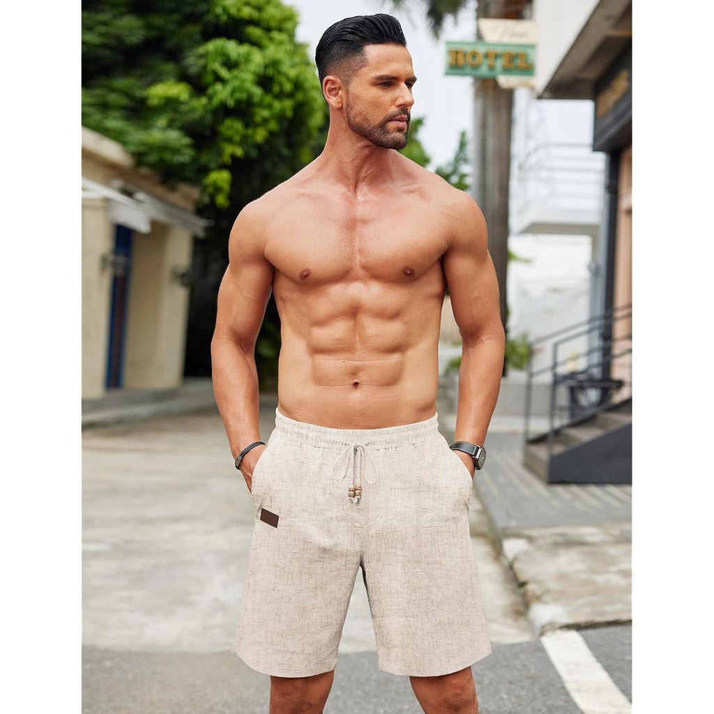 Coofandy Mens Casual Linen Shorts Elastic Waist Drawstring Loose Fit Summer Beach Vacation Shorts With Pockets