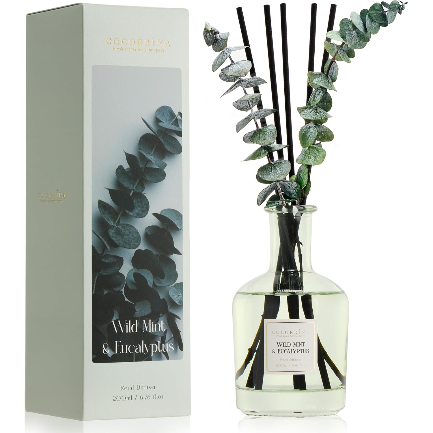 Wild Mint & Eucalyptus Reed Diffuser – 6.76 Oz Essential Oil With 8 Reeds & Real Eucalyptus Sticks, Home Fragrance For Bedroom Or Bathroom Décor