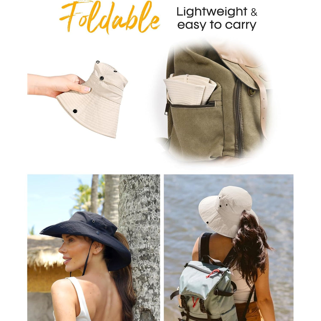 FURTALK Sun Hats for Women Ponytail UPF 80+ Beach Summer Hat Wide Brim Packable Cowboy Hat