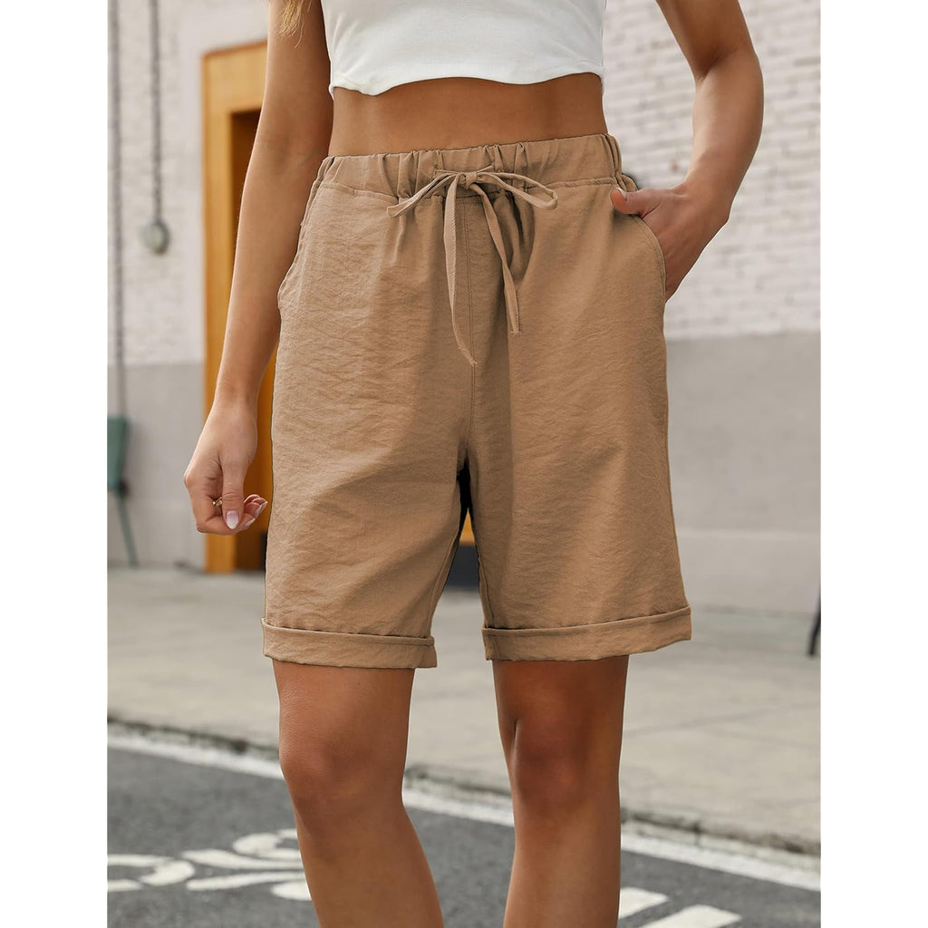 Womens Casual Loose Elastic Drawstring Summer Beach Bermuda Pocketed Shorts