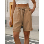 Womens Casual Loose Elastic Drawstring Summer Beach Bermuda Pocketed Shorts