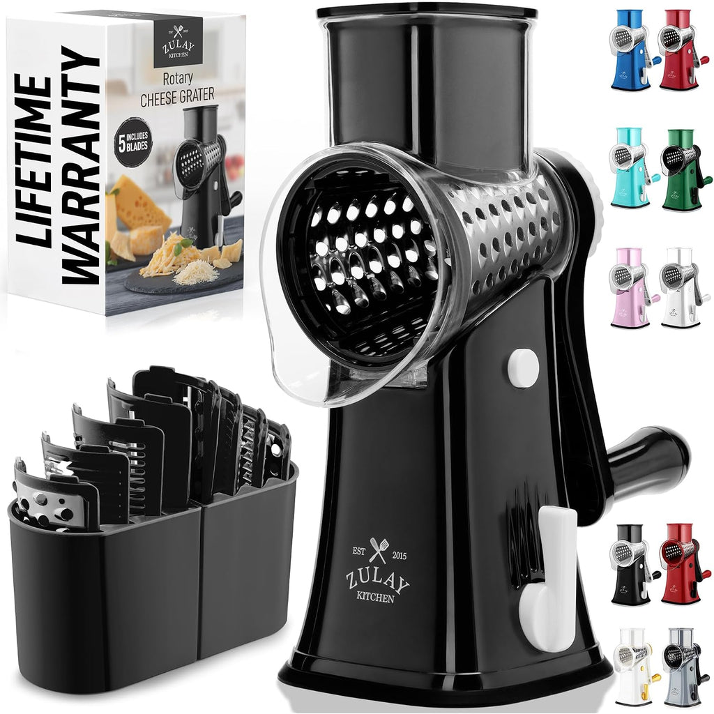 Zulay Kitchen Rotary Cheese Grater 5 Blade Cheese Shredder - Manual Hand Crank Cheese Grater With Reinforced Suction & 5 Interchangeable Drums - Easy To Use, Vegetable Chopper Round Mandoline Slicer