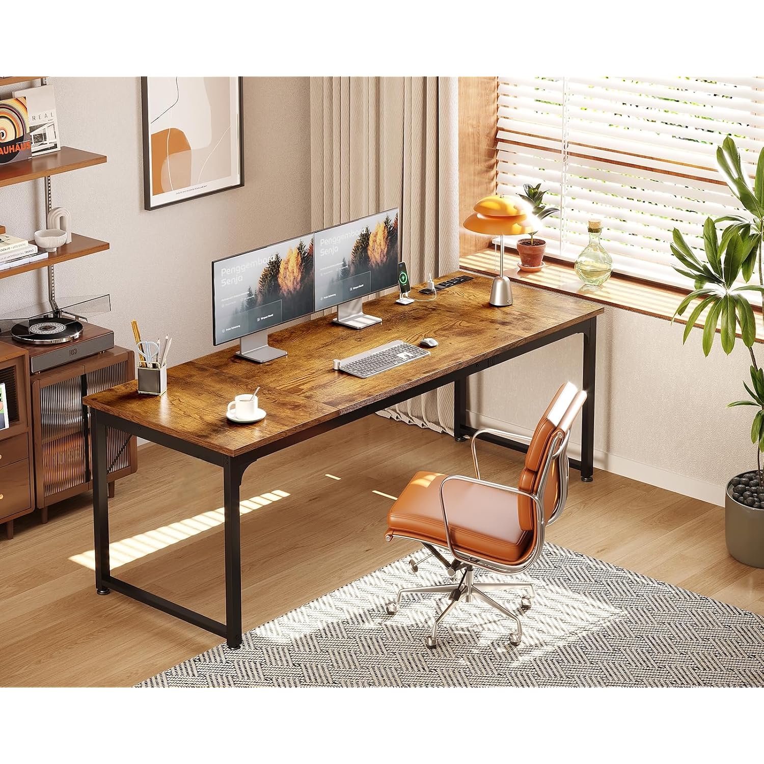Coleshome 71 Inch Computer Desk With Usb Ports, Large Office Desk, Long Study Student Writing Desk, Rustic Brown