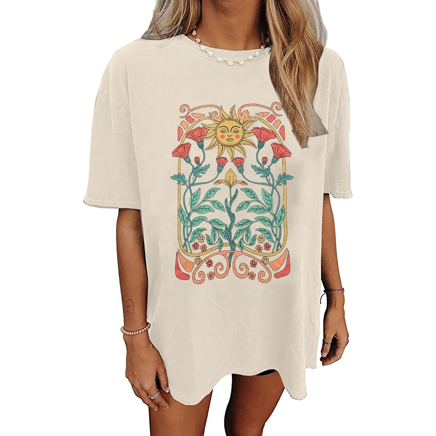 Wildflowers Shirt for Women Oversized Vintage Floral T Shirts Inspirational Graphic Tees Summer Casual Loose Beach Tops Apricot-2