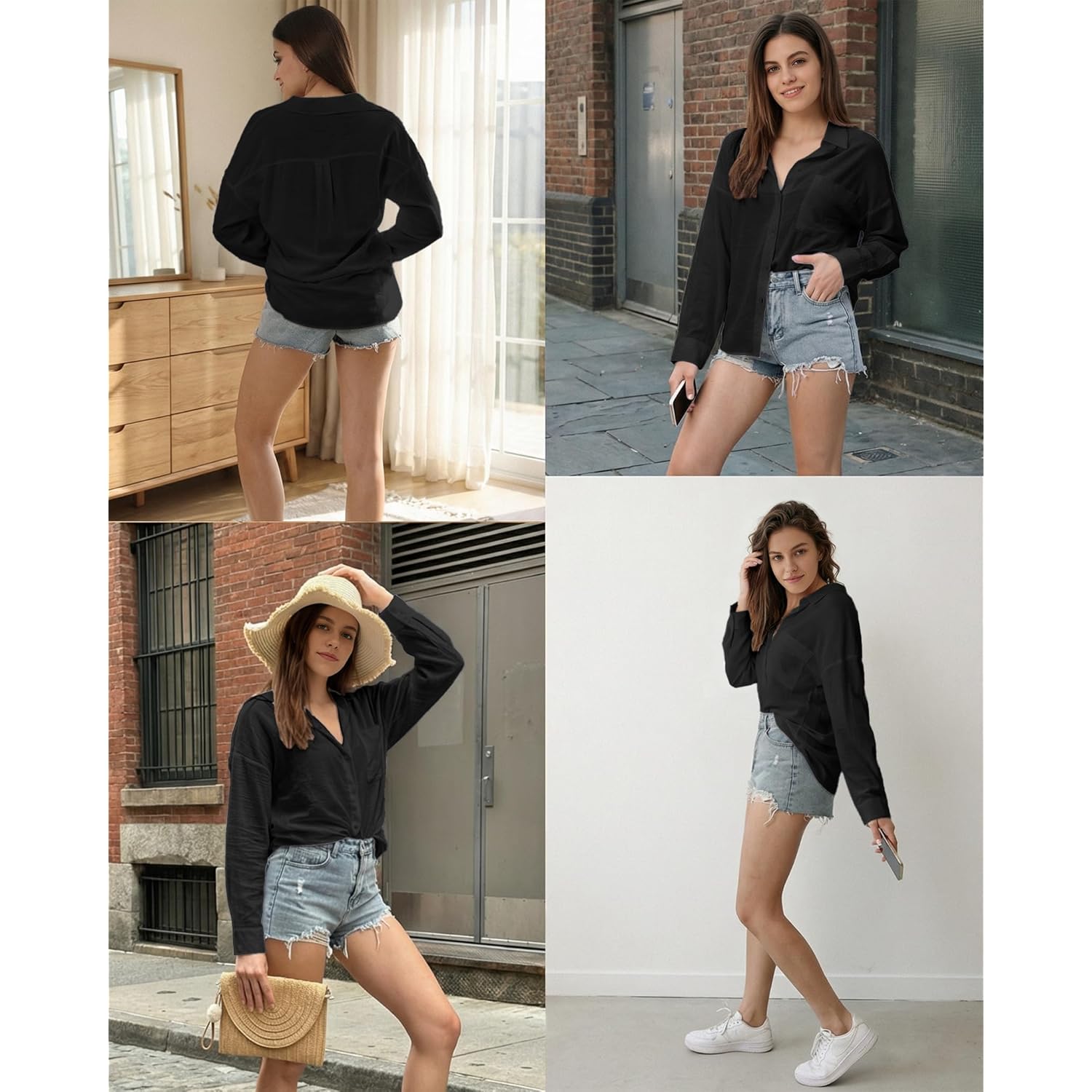 Womens Button Down Shirts Long Sleeve Linen Casual Collared Blouses Loose Fit