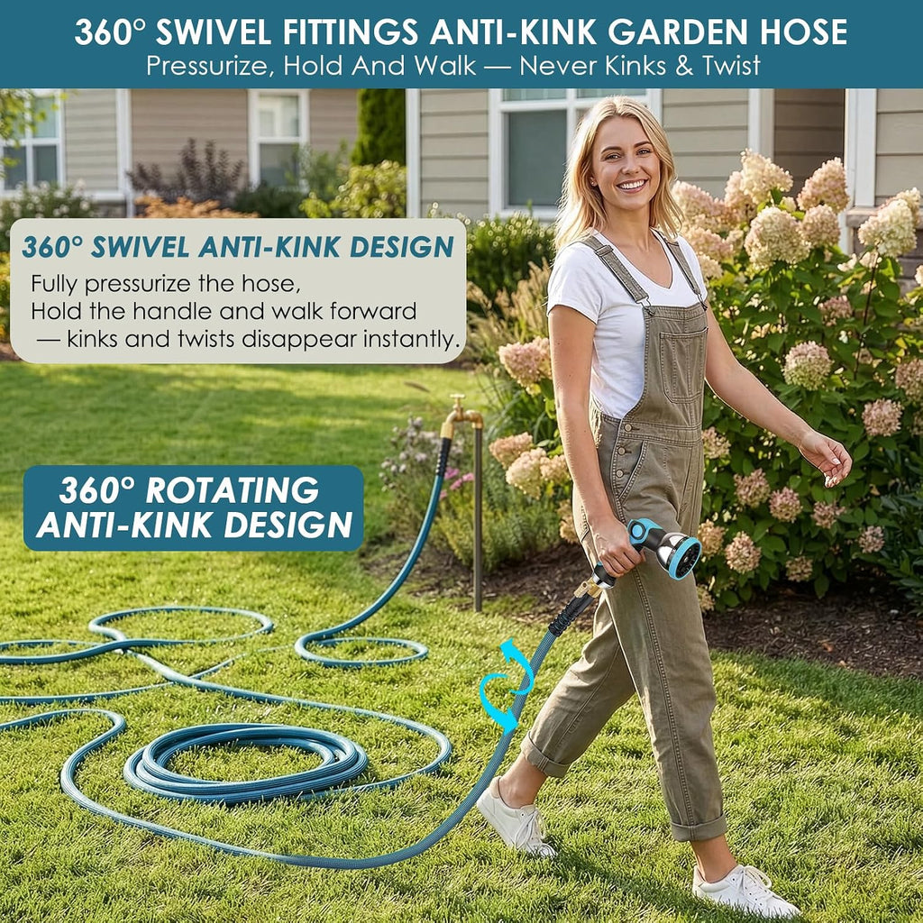 Garden Hose 100 Ft, Non-Expandable Lightweight Water Hose, 360° Swivel Anti-Kink Fittings, 10-Pattern Spray Nozzle & Shut-Off Valve, Flexible Water Hose For Yard, Lawn, Car Wash, Blue