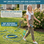Garden Hose 100 Ft, Non-Expandable Lightweight Water Hose, 360° Swivel Anti-Kink Fittings, 10-Pattern Spray Nozzle & Shut-Off Valve, Flexible Water Hose For Yard, Lawn, Car Wash, Blue