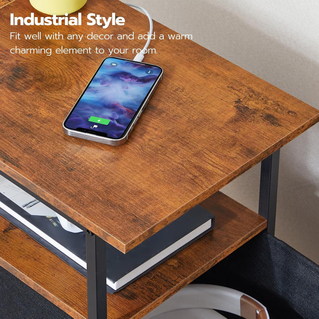 Hoobro End Table With Charging Station, Narrow Side Table, Nightstand With 2 Non-Woven Drawers, Slim Sofa Side Table, For Small Spaces, Living Room, Bedroom, Rustic Brown And Black Bf486Ubz01