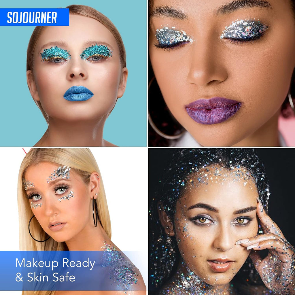 Body Glitter Set For Face & Hair – 16 Colors Fairy Tears Chunky Holographic Festival Glitter Makeup With Glue – Rave, Concert, Euphoria Looks, Cosmetic Grade Glitter