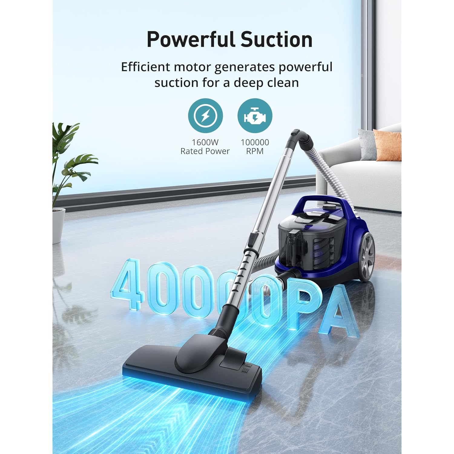 Aspiron Canister Vacuum Cleaner, 40Kpa Bagless Vacuum Cleaners, 4Qt Large Dust Cup, Double Hepa Filter, Retractable Cord, 1600W Lightweight Vacuum Cleaner With 5 Tools For Hard Floors, Pearl