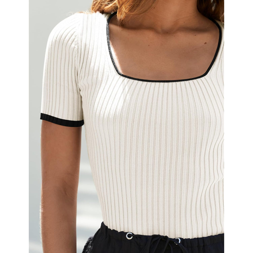 Zesica Women'S Short Sleeve Square Neck Color Block T Shirt 2026 Summer Slim Fit Ribbed Knit Basic Tee Tops