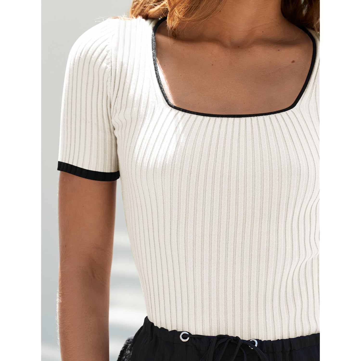 Zesica Women'S Short Sleeve Square Neck Color Block T Shirt 2026 Summer Slim Fit Ribbed Knit Basic Tee Tops