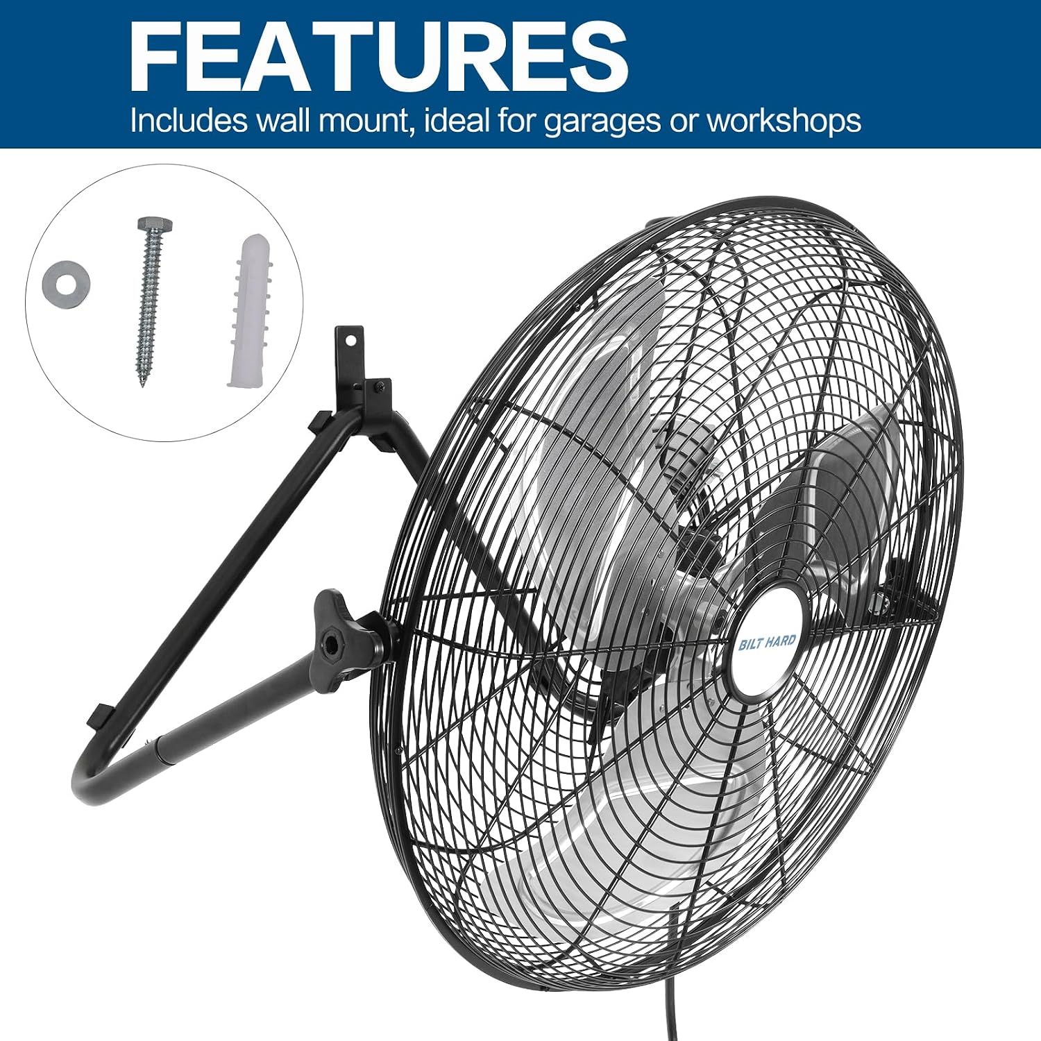 Bilt Hard 20 Inch Heavy Duty Floor Fan - 4650 Cfm High Velocity, 3-Speed With Wall-Mounting System, Industrial Shop Fan For Commercial, Garage, And Greenhouse