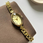 Gosasa Small Gold Watches For Women Vintage Dainty Oval Roman Numeral Dial Analog Slim Bracelet Alloy Band Water Resistant Dress Wrist Watch Elegant Gift