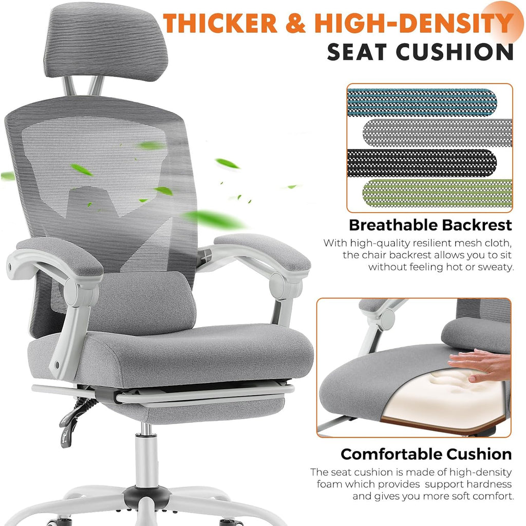 Sweetcrispy Office Computer Desk Chair With Footrest,Ergonomic High-Back Mesh Rolling Work Swivel Chairs With Wheels,Comfortable Lumbar Support,Comfy Arms For Home,Bedroom,Study,Student,Light Grey