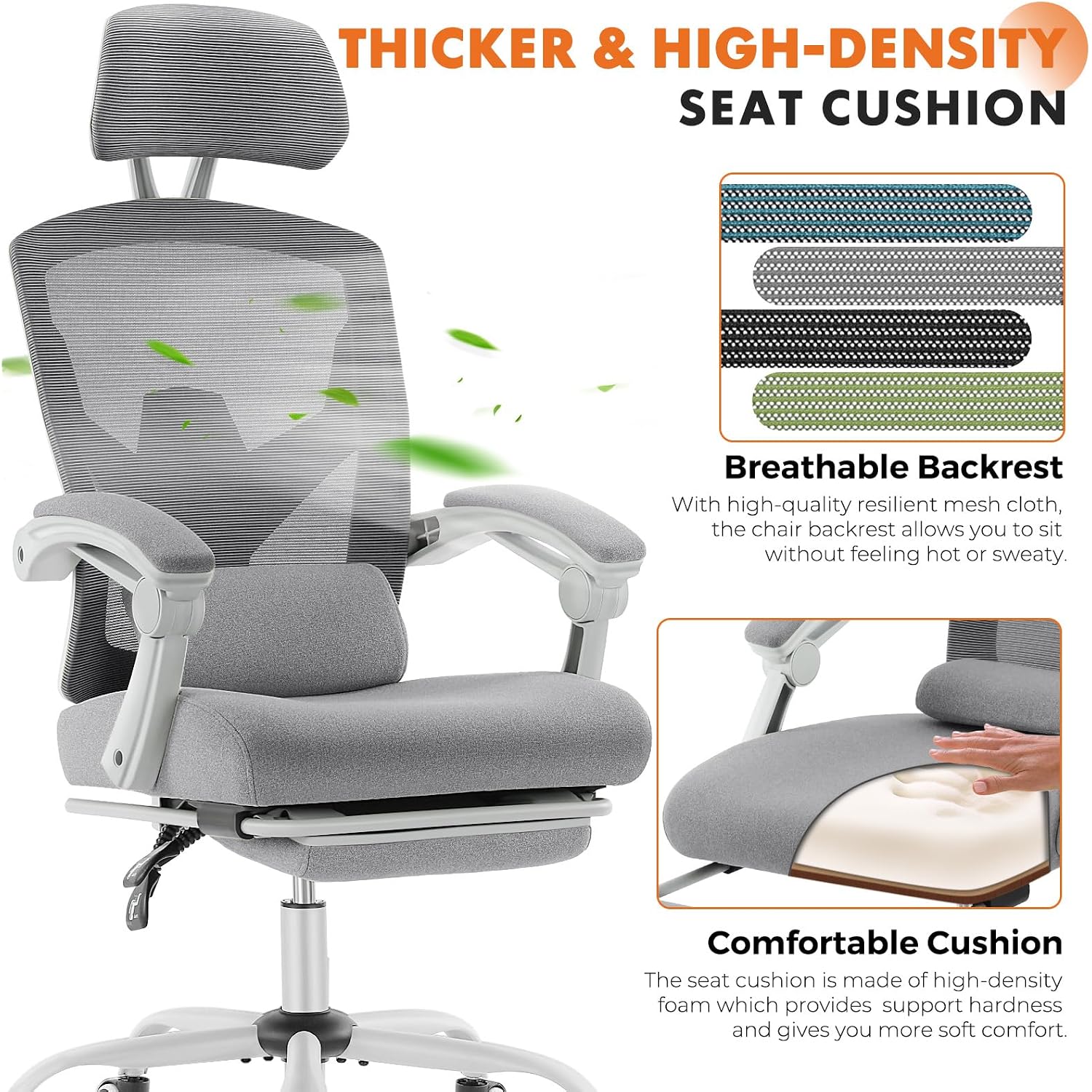 Sweetcrispy Office Computer Desk Chair With Footrest,Ergonomic High-Back Mesh Rolling Work Swivel Chairs With Wheels,Comfortable Lumbar Support,Comfy Arms For Home,Bedroom,Study,Student,Light Grey