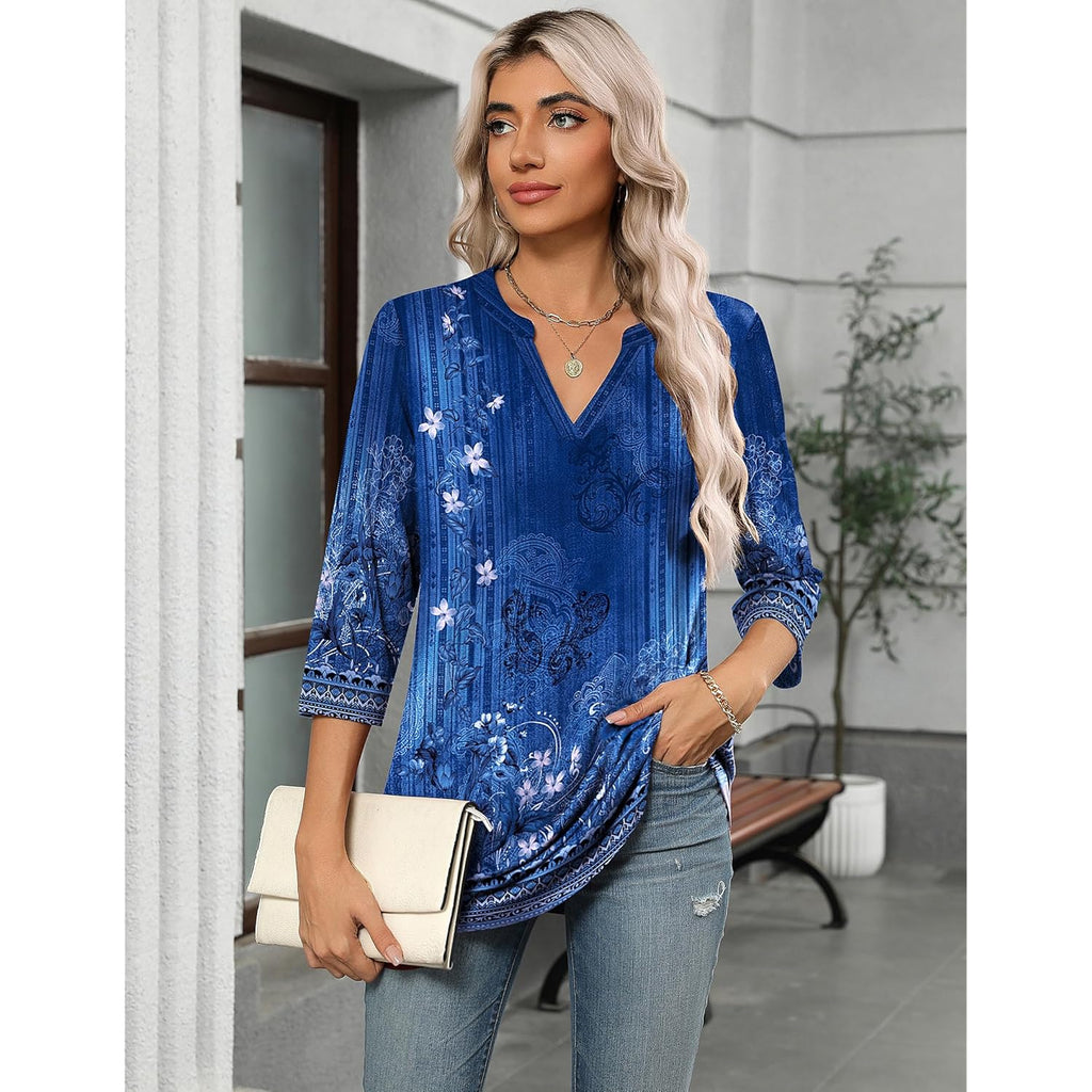 Womens 3/4 Length Sleeve Tops V Neck Tunic Casual Dressy Blouse Floral Printed Shirts