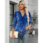 Womens 3/4 Length Sleeve Tops V Neck Tunic Casual Dressy Blouse Floral Printed Shirts