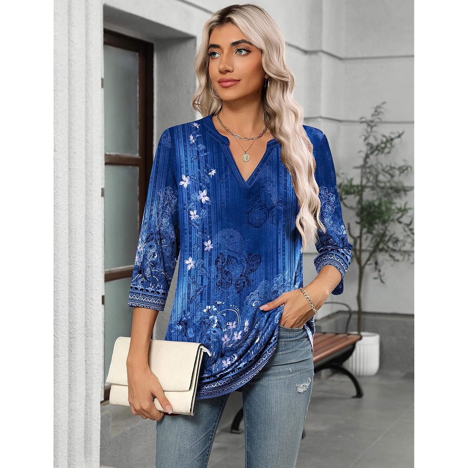 Womens 3/4 Length Sleeve Tops V Neck Tunic Casual Dressy Blouse Floral Printed Shirts