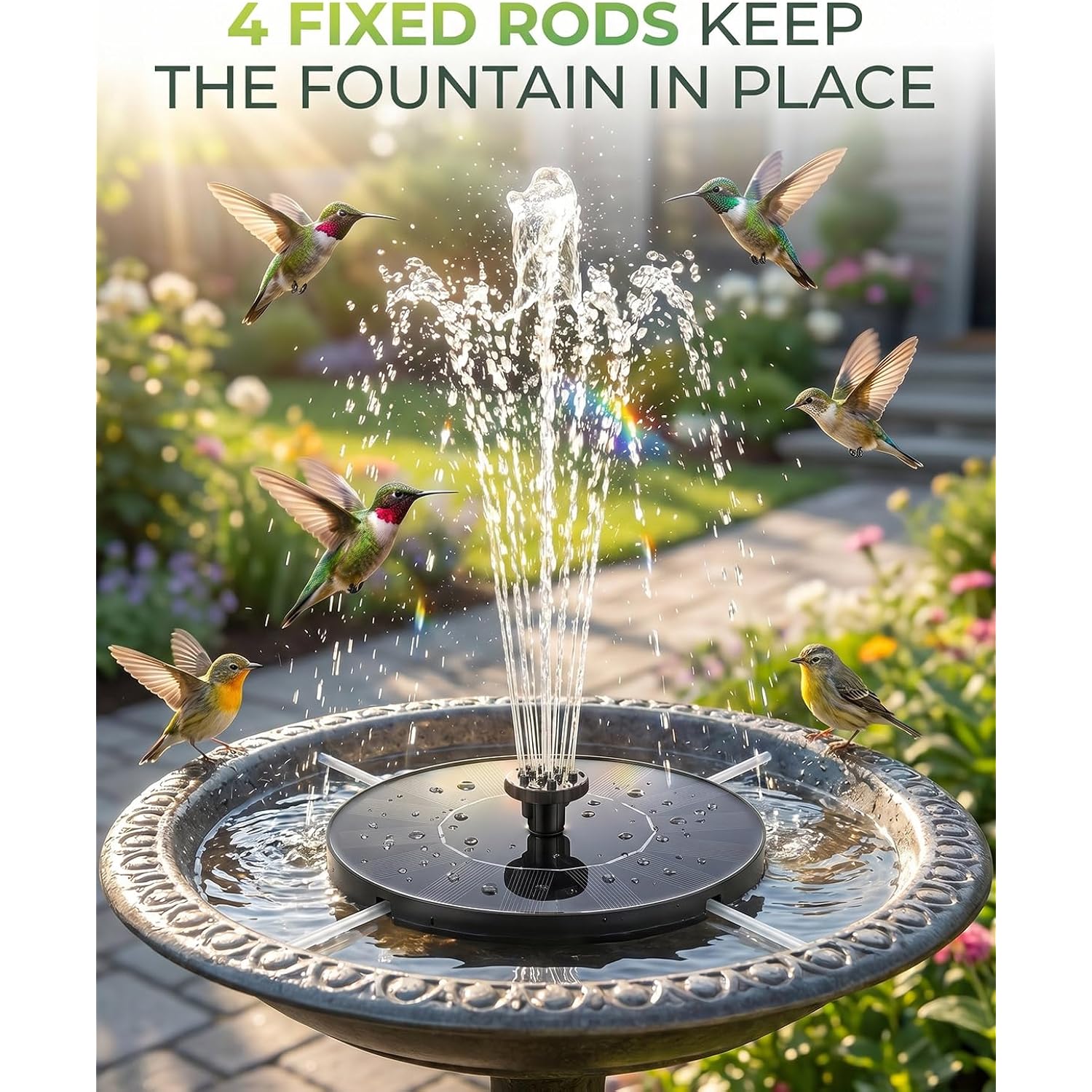 Solar Fountain For Bird Bath, 2026 Upgrade 1.4W Solar Water Fountain Pump With 7 Nozzles, 4 Fixed Pipes, Outdoor Standing Floating Solar Fountain For Garden, Ponds, Pool, Fish Tank, 6.3 Inch