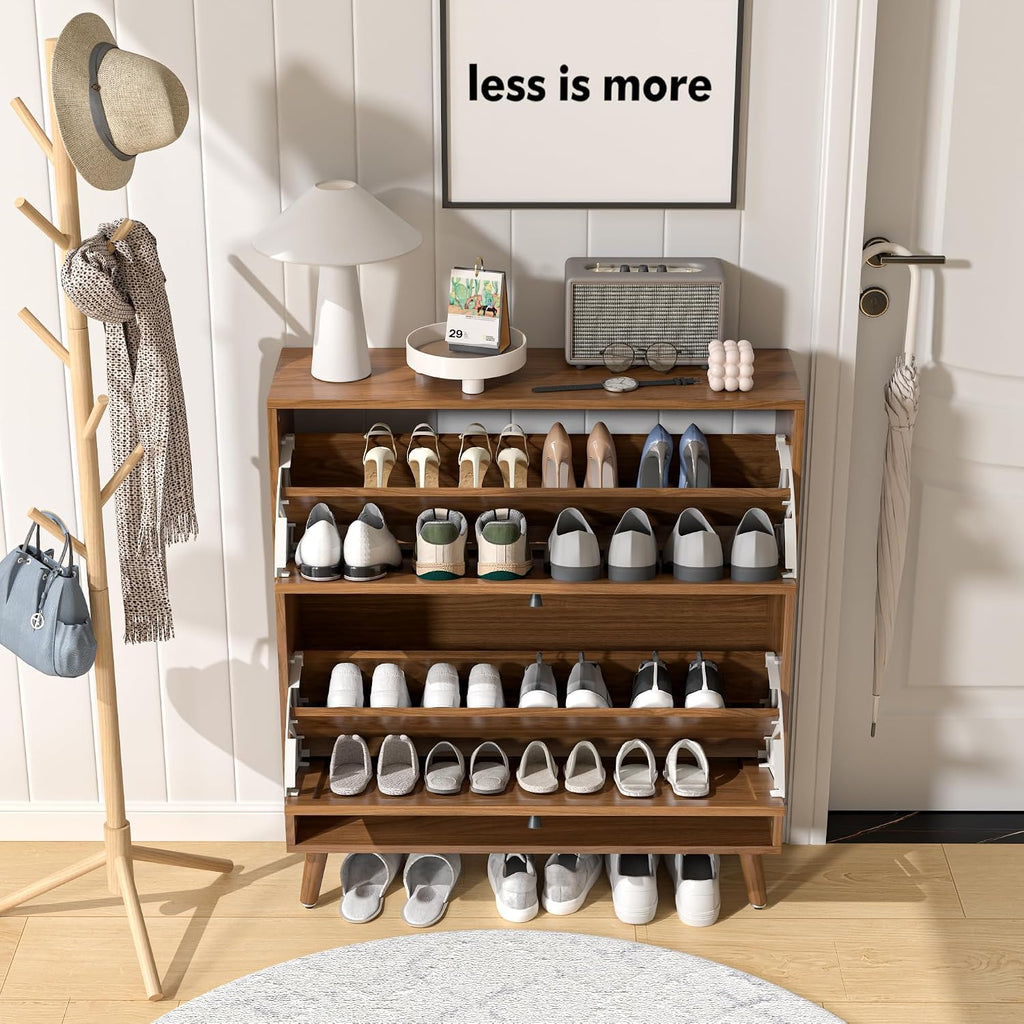 Fsbecl Shoe Storage Cabinet For Entryway With 2 Flip Drawers, Narrow Wood Shoe Cabinet With Fluted Panel, Freestanding Hidden Shoe Organizer For Foyer, Hallway (Walnut)