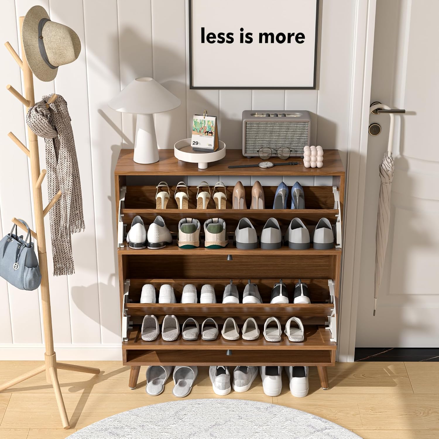 Fsbecl Shoe Storage Cabinet For Entryway With 2 Flip Drawers, Narrow Wood Shoe Cabinet With Fluted Panel, Freestanding Hidden Shoe Organizer For Foyer, Hallway (Walnut)