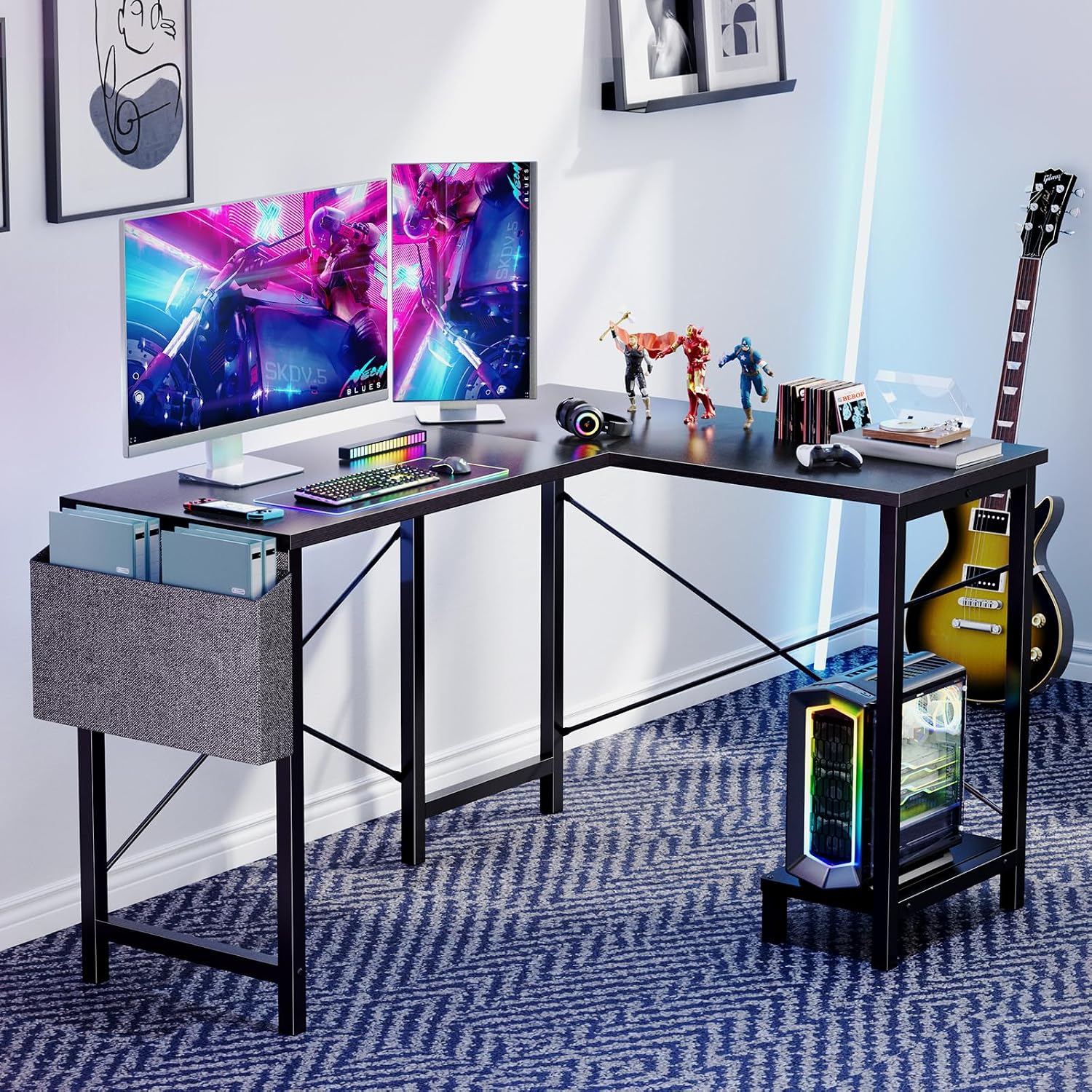 Sweetcrispy L Shaped Desk - Computer Gaming Desk Corner Desk | Pc Table Organizer With Cpu Stand Side Bag For Home Office Dorm Sturdy, Writing Workstation, Black, 50-Inch