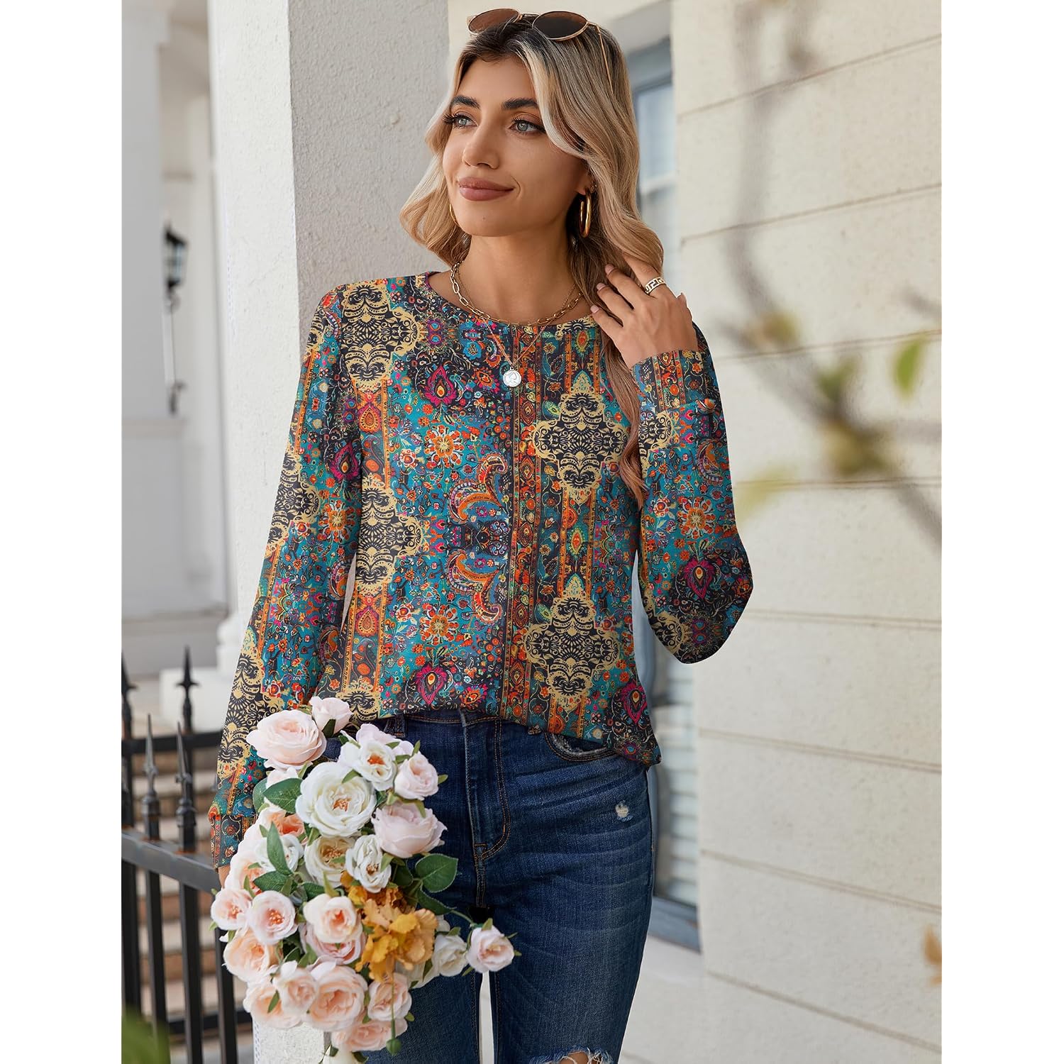 Zeagoo Tops For Women Dressy Crewneck Long Sleeve Shirts Lightweight Basic Tee Business Casual Outfits