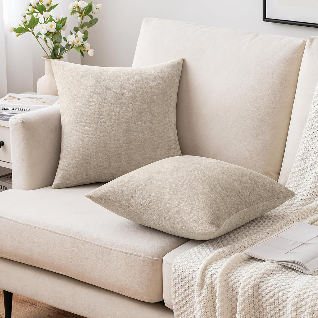 Miulee Pack Of 2 Beige Decorative Pillow Covers 18X18 Inch | Soft Chenille Couch Throw Pillows Farmhouse Cushion Covers For Home Decor Sofa Bedroom Living Room