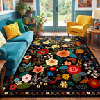 RELEANY Floral Nursery 5x7 Area Rugs Washable Print Boho Cute Carpet Non Slip Flower Low Pile for Living Room Kids Girls Playroom Bedroom Kitchen Office Farmhouse-Black