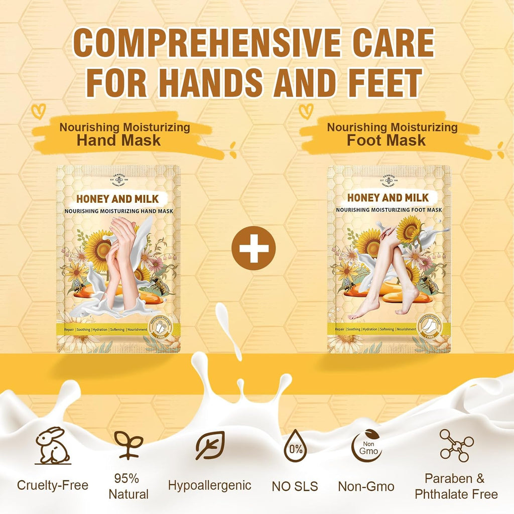 TEAWOO 18 Pairs Moisturizing Hand & Foot Masks with Honey, Milk, Vitamin E & Glycerin, Intensely Hydrating Foot Mask for Dry Cracked Feet, Moisturizing Socks for Cracked Heel Treatment