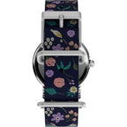 Timex Womens Watch Peanuts Weekender Casual Ladies Wristwatch - Featuring Snoopy and Woodstock in a Floral Motif, Silver-Tone Case with Blue Fabric Strap (31mm)