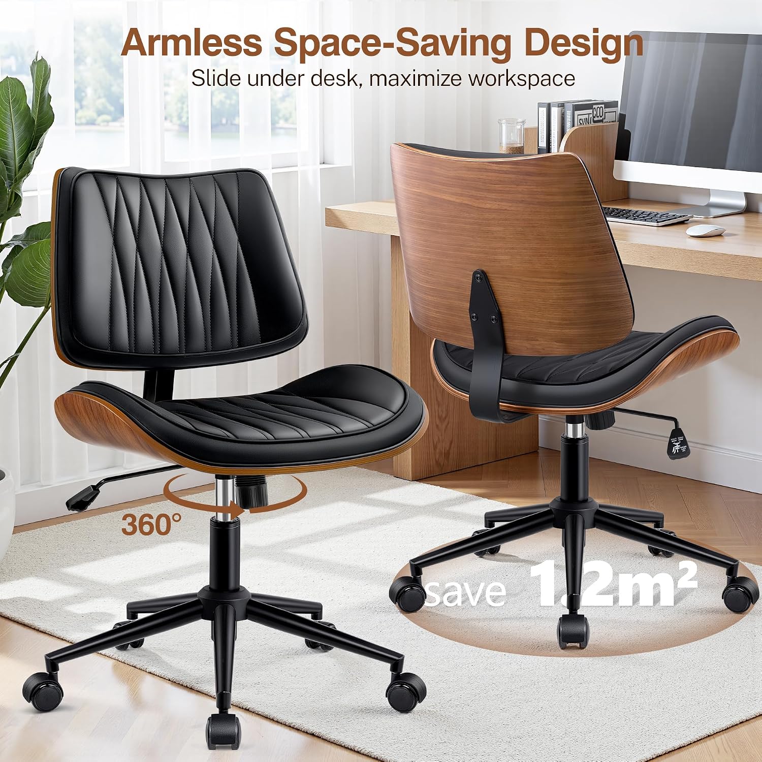 Ergonomic Armless Office Desk Chair - Mid-Century Modern Black Faux Leather With Diamond Stitch, Adjustable Height Swivel Rolling Task Computer Chair With Walnut Accent For Home Office, Study & Work