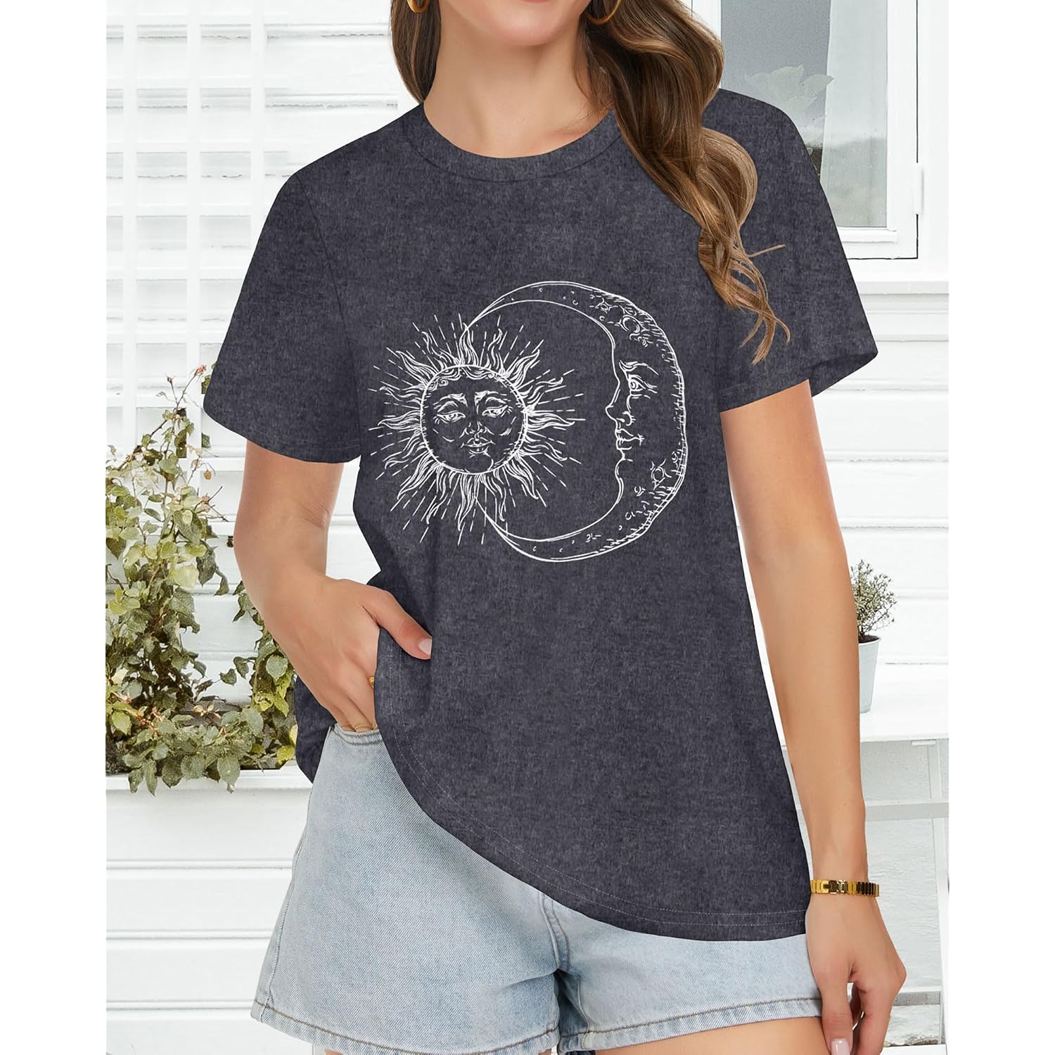 T Shirts for Women Summer Short Sleeve Crewneck Casual Cute Graphic Basic Tees Tops 2026 A Deep Grey Moon