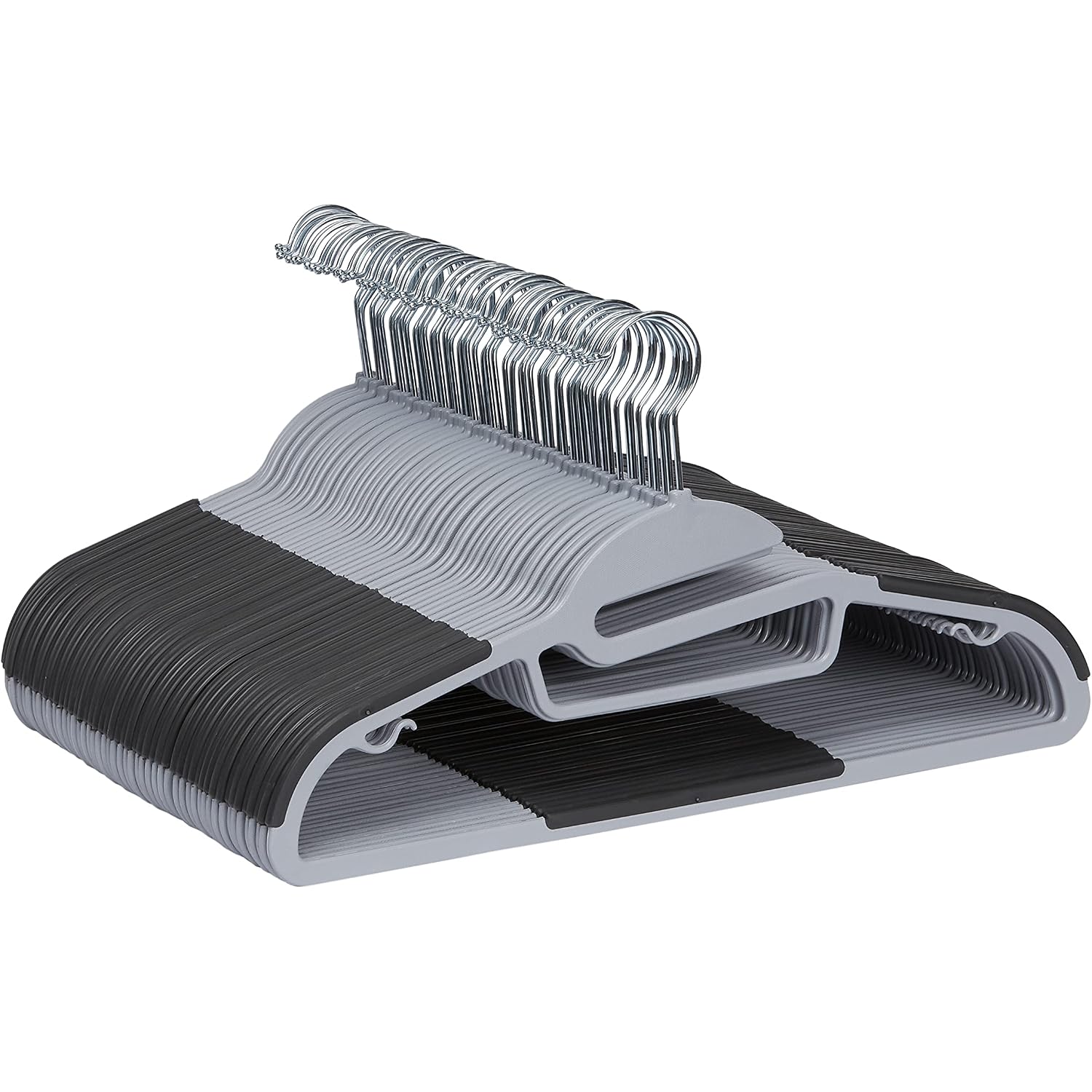 Amazon Basics Space Saving Non-Slip Rubber Coated Plastic Hangers With 360° Swivel Hook, Thin, Gray, Pack Of 50