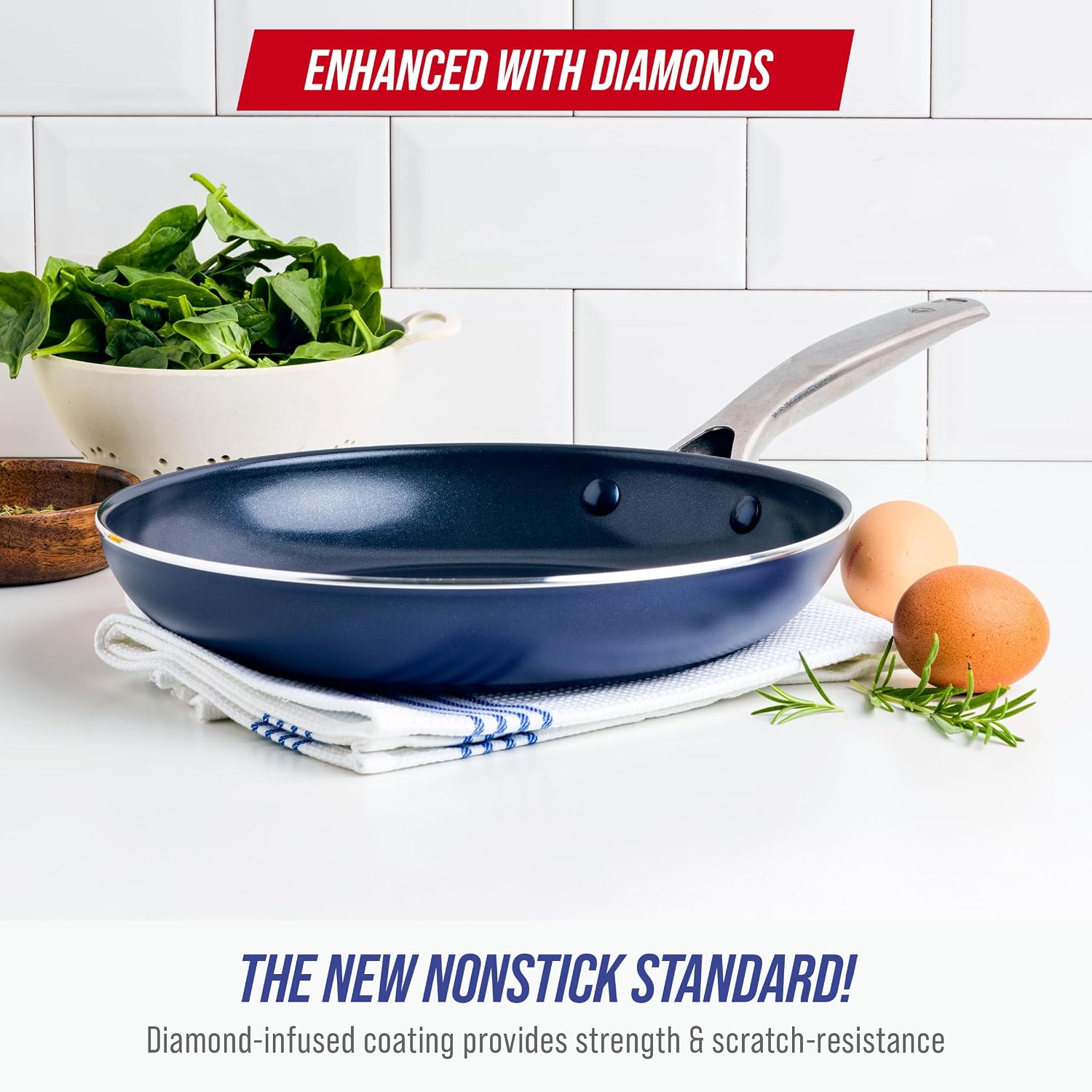 Blue Diamond 12" Nonstick Frying Pan Skillet, Diamond Infused Pfas-Free Ceramic Pot, Dishwasher & Oven Safe, Stay Cool Handle, Durable Non Toxic Metal Utensil Safe, Egg & Omelet Pan, Blue