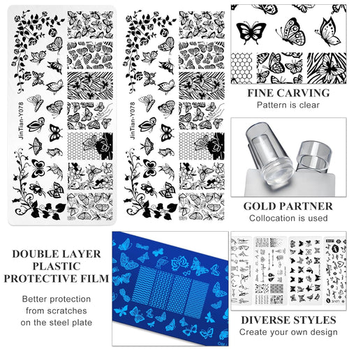 7pc Nail Stamping Plate Kit Butterfly Letter Heart Nails Stamp Plate Geometic Flower Nail Art Template Stencil Fingernail Polish Stamps Plates Set Stamper Scraper French Tips Nails Design Tools