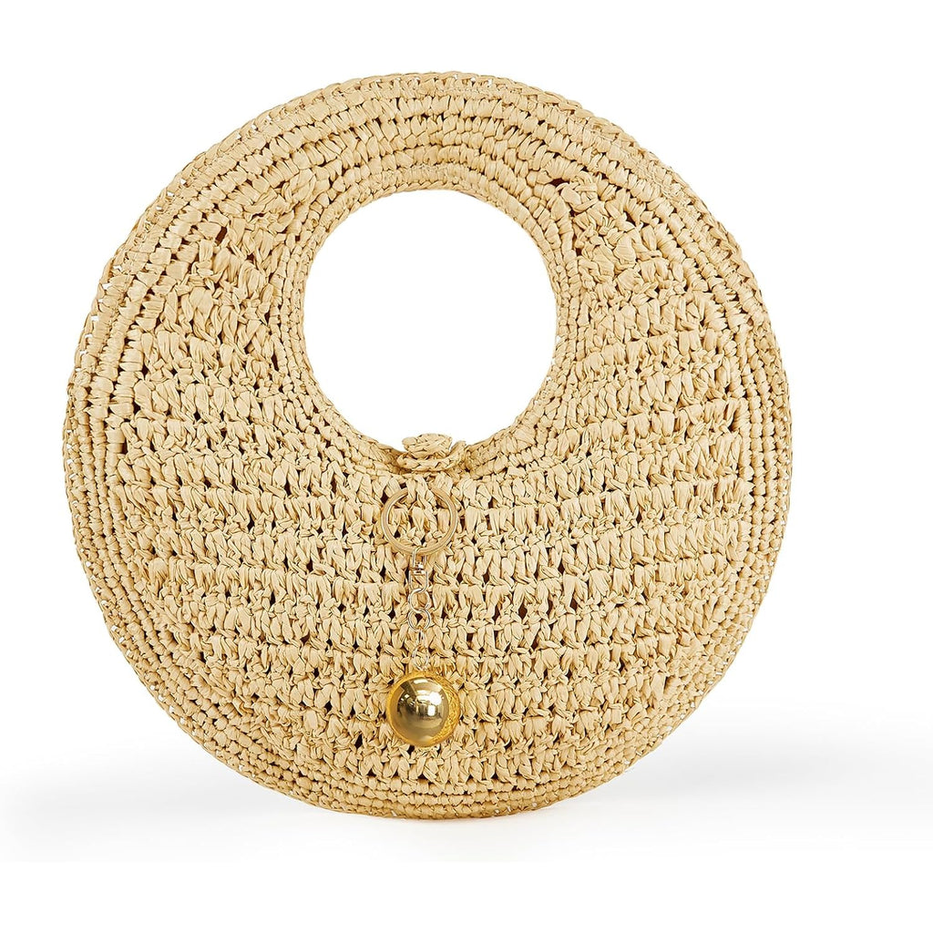 Philomena Woven Straw Beach Bag For Women Handmade Raffia Circle Bag, Summer Boho Chic Tote Purse Handbag Large Round Bag