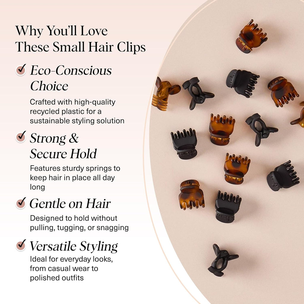 Kitsch Mini Claw Clips For Women - Stylish Small Hair Clips For Kids | Stays In Place Without Pulling Or Snagging | Durable & Sturdy Plastic - Tortoise & Black, 16 Pcs