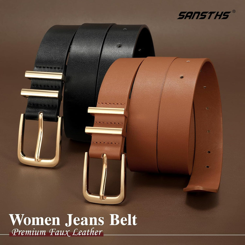 SANSTHS 2 Pack Women Belt for Jeans Pants, Simple Fashion Ladies Waist Belt with Gold Buckle, 1inch Width